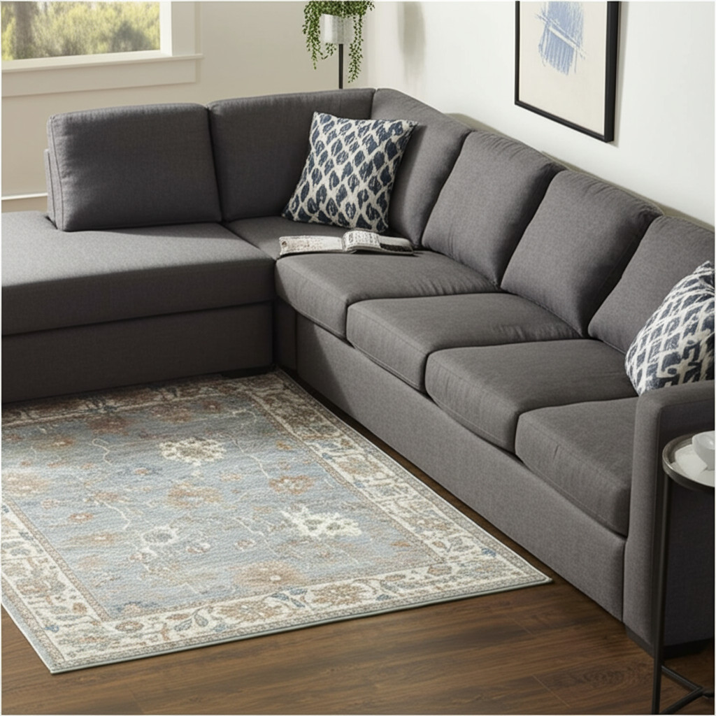 617344 12 x 15 ft. Floral Distressed Rectangle Area Rug - Blue Ivory & Brown
