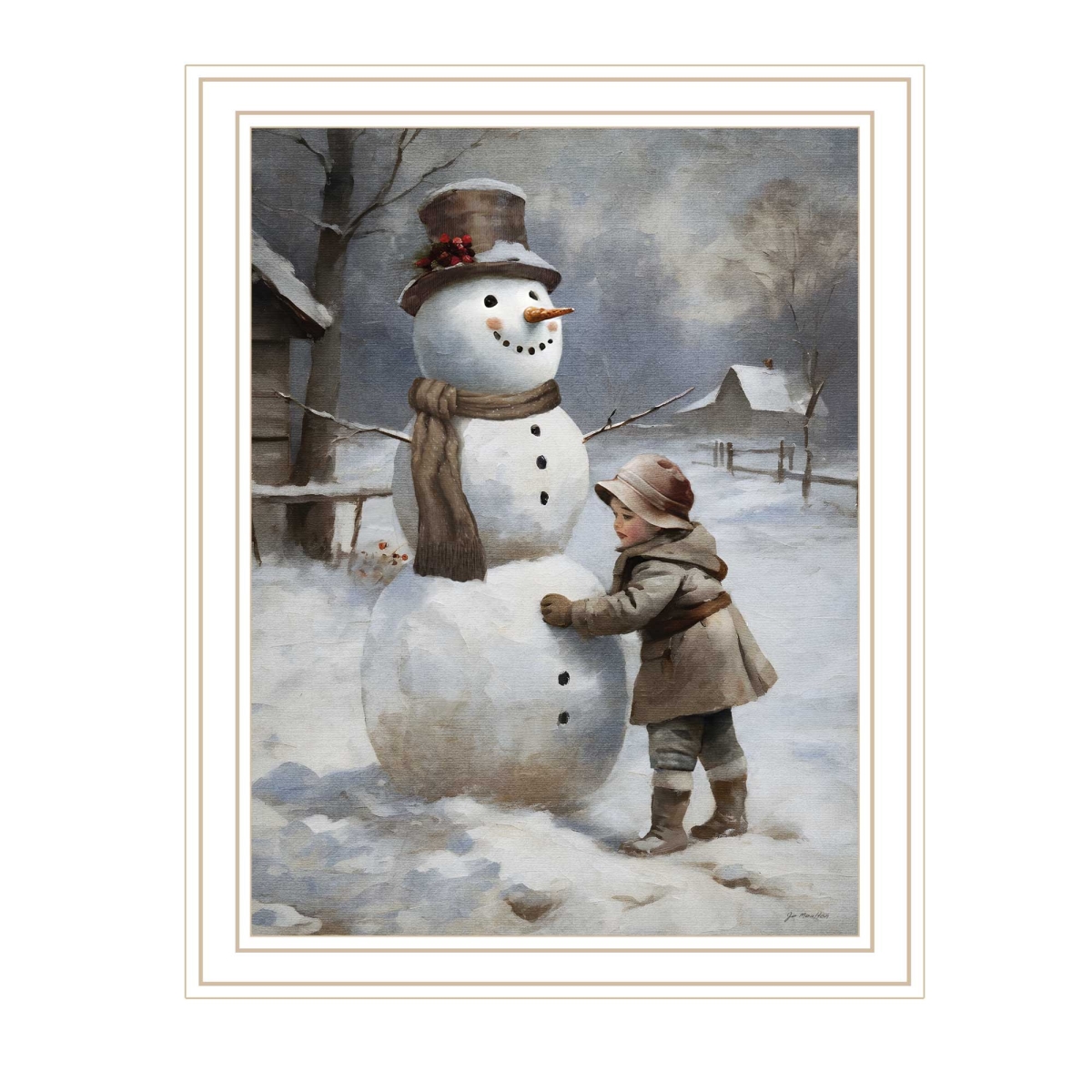 572085 Boy Building A Snowman White Framed Wall Art