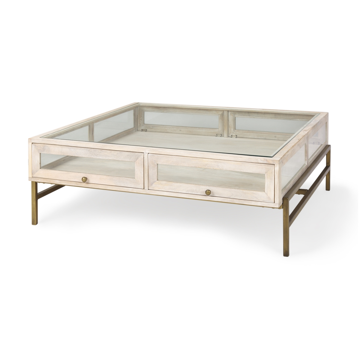 603246 44 in. Off White, Clear & Gold Solid Wood Glass & Iron Storage Coffee Table