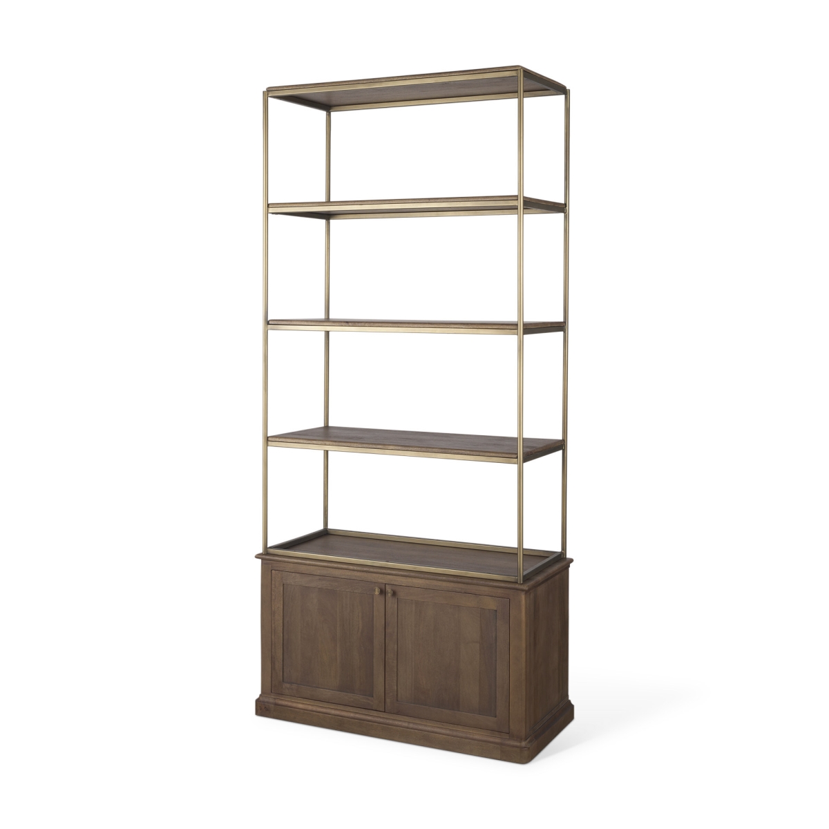 Picture of HomeRoots 611043 42 in. Antiqued Brass & Brown Distressed Metal & Solid Wood Four Tier Bookcase with Two Doors