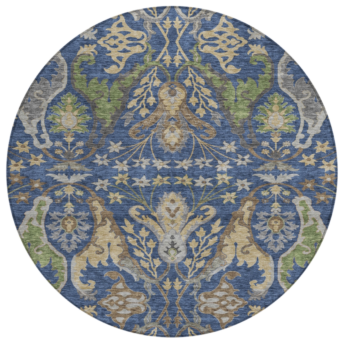605291 8 ft. Navy Blue, Green & Brown Round Floral Washable Indoor & Outdoor Area Rug