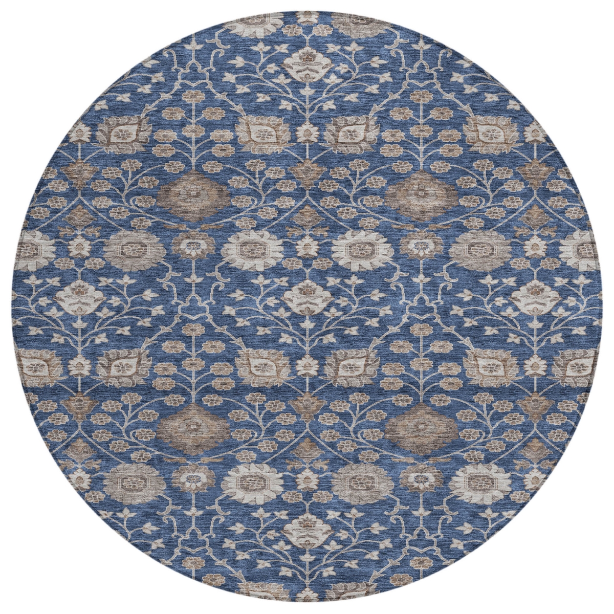 605433 8 ft. Navy Blue, Brown & Beige Round Floral Washable Indoor & Outdoor Area Rug