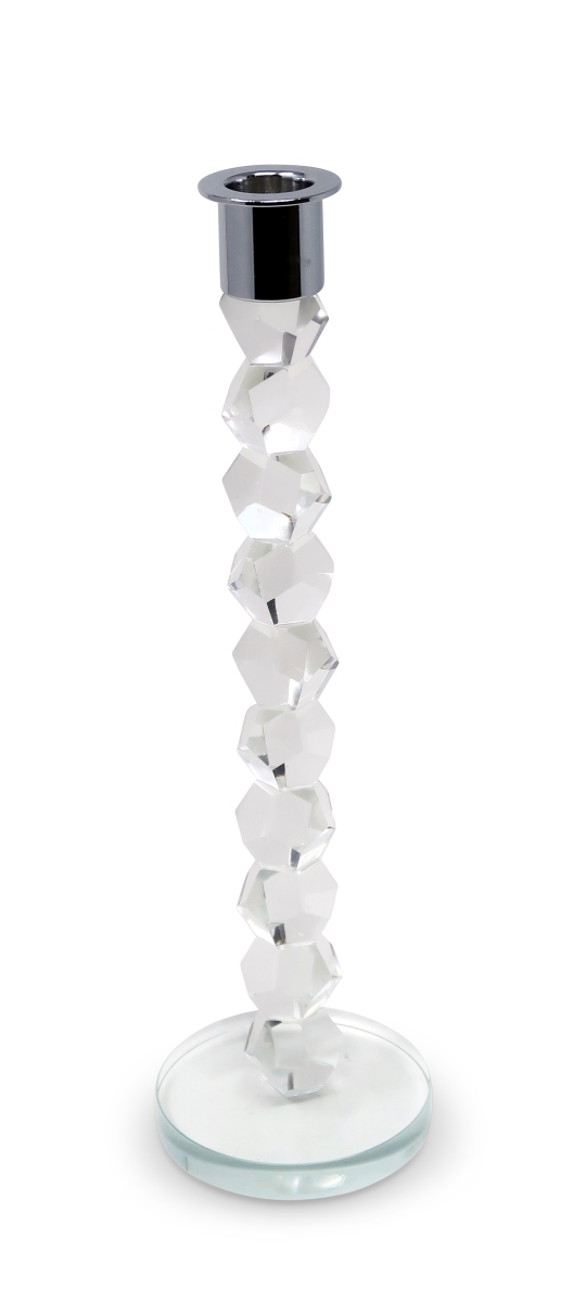 590224 11 in. Clear & Silver Geo Stacks Crystal Tabletop Taper Candlestick