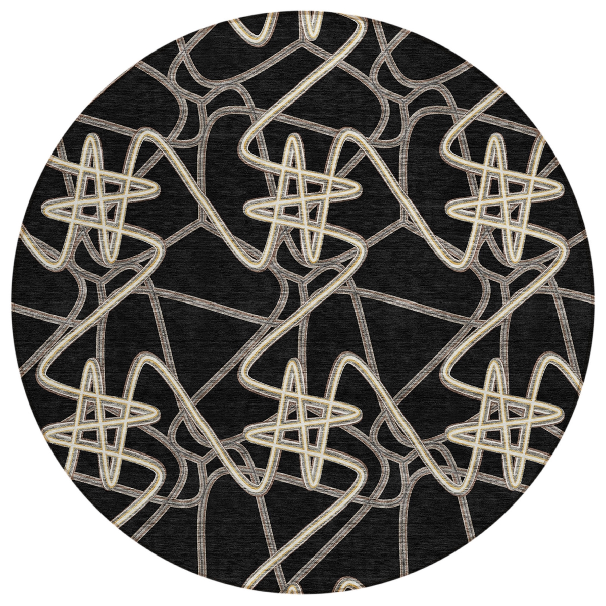 612787 8 ft. Black, Ivory & Brown Round Geometric Washable Indoor & Outdoor Area Rug