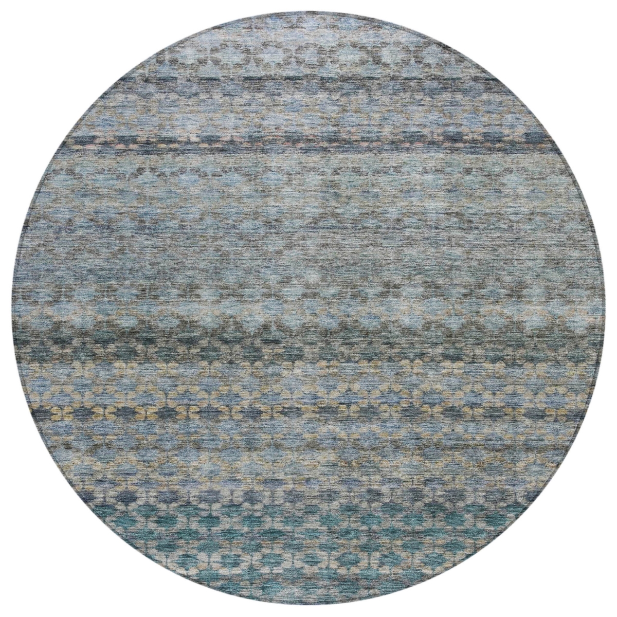 605695 8 ft. Teal Blue, Light Blue & Gray Round Striped Washable Indoor & Outdoor Area Rug
