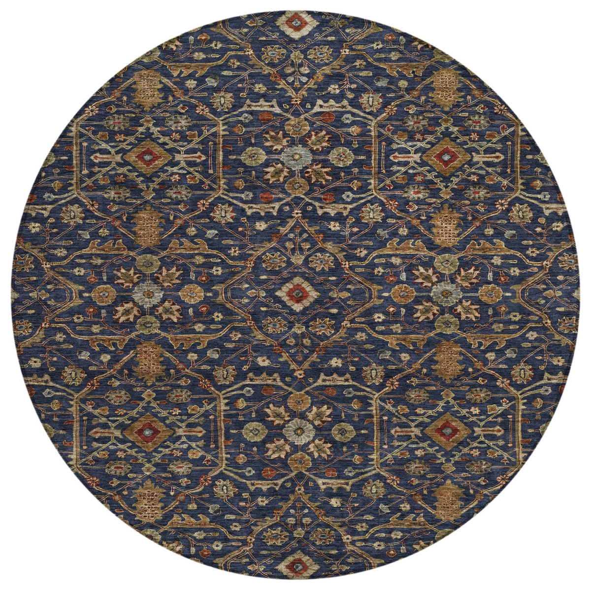 604603 8 ft. Navy Blue, Brown & Red Round Floral Washable Indoor & Outdoor Area Rug