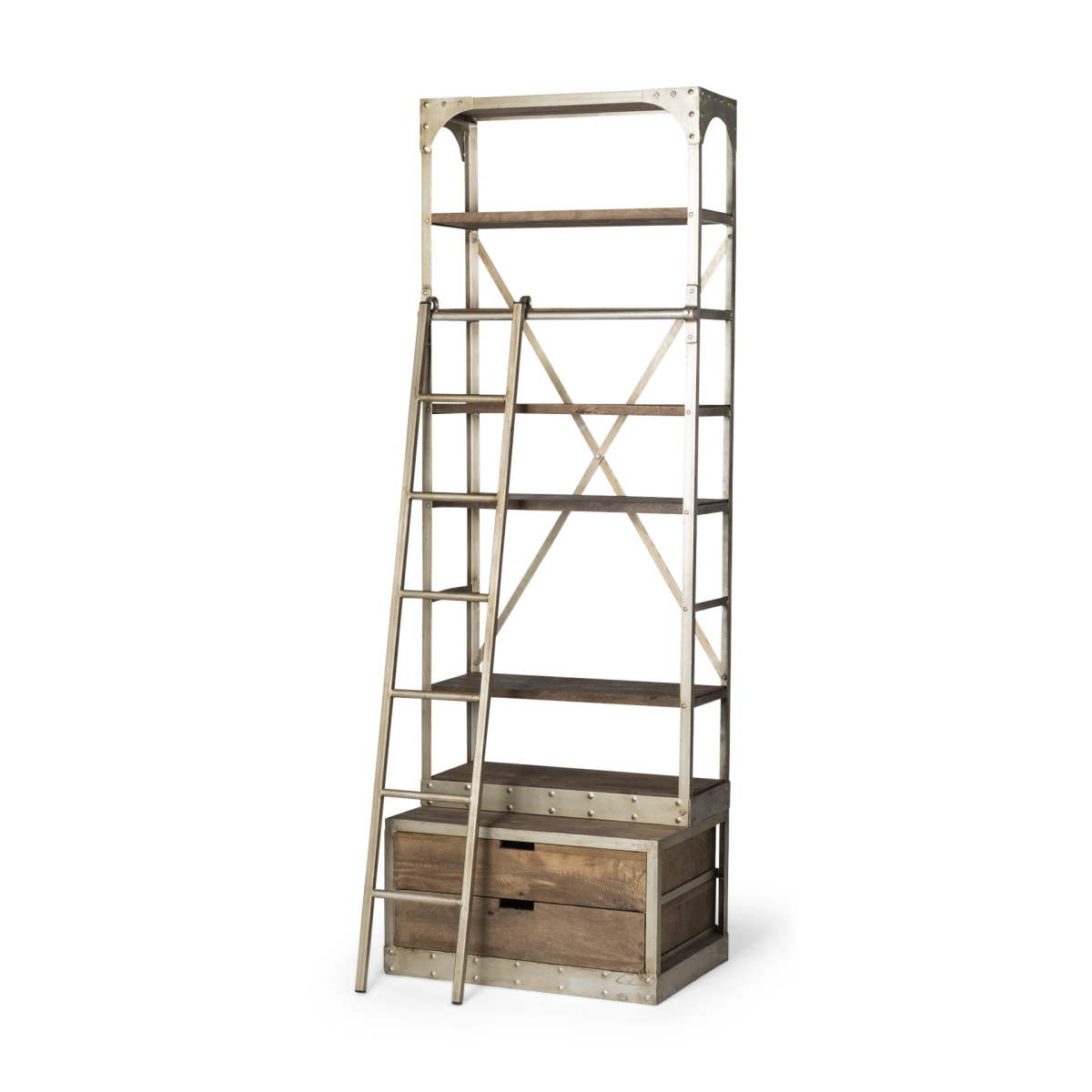 Picture of HomeRoots 611032 32 in. Light Brown & Nickel Metal & Solid Wood Six Tier Library Bookcase with Two Drawers