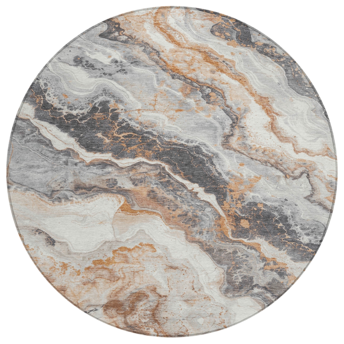 618432 8 ft. Silver & Copper Round Abstract Washable Indoor & Outdoor Area Rug