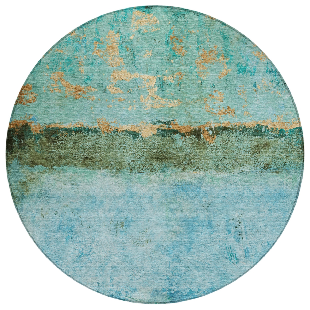 Teal Blue & Gold Round Abstract Area Rug - 8 ft - Washable & Stain Resistant
