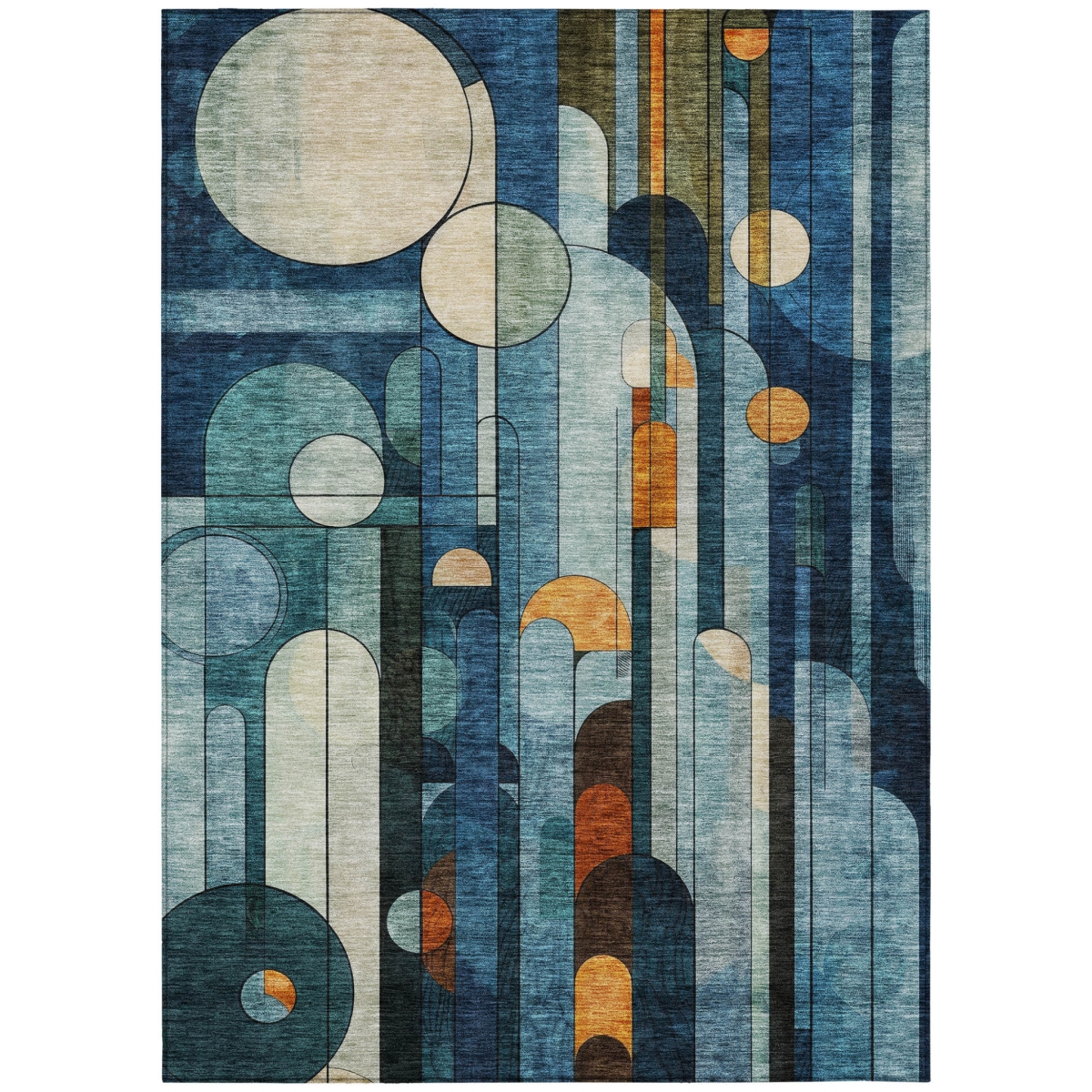 604504 9 x 12 ft. Blue, Ivory & Copper Geometric Washable Indoor & Outdoor Rectangle Area Rug