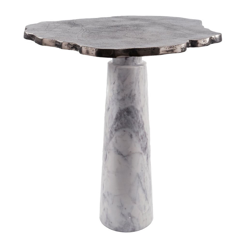 Modern Silver & White Aluminum Marble Pedestal End Table - 22 in. - Unique Design