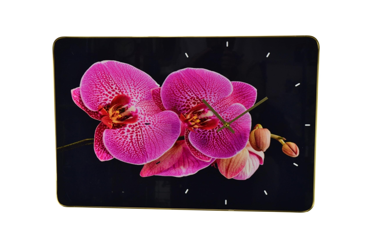 626572 24 in. Pink, Black & Gold Solid Wood & Acrylic Silent Orchids Floral Wall Clock
