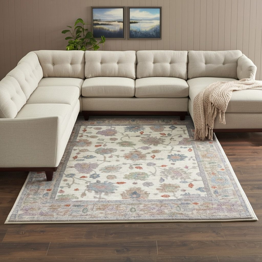 617327 8 x 10 ft. Ivory, Brown & Blue Floral Distressed Rectangle Area Rug