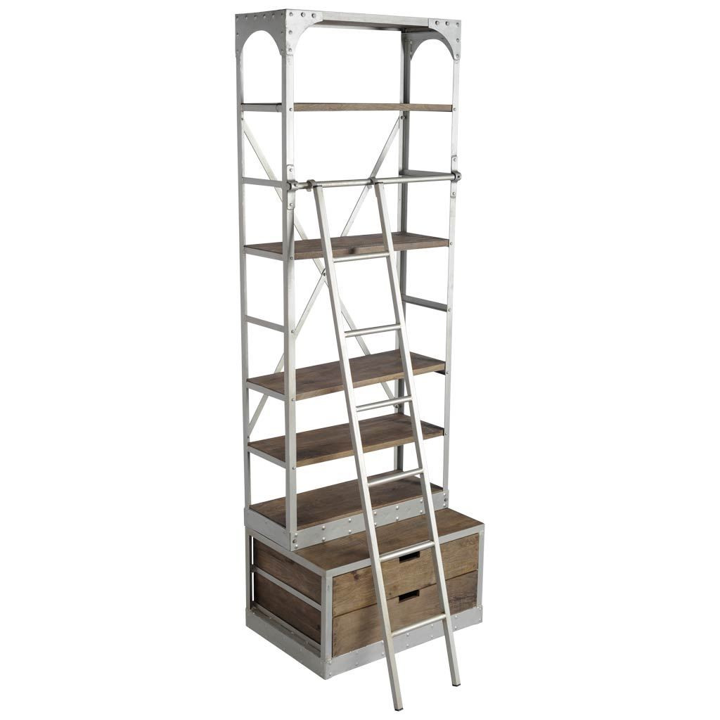 Picture of HomeRoots 611040 32 in. Light Brown & Nickel Metal & Solid Wood Five Tier Library Bookcase with Two Drawers