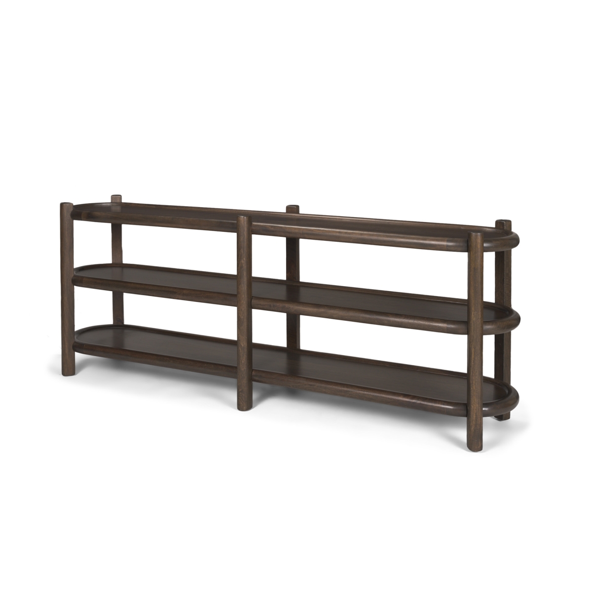 605657 80 in. Dark Brown Solid Wood Oval Six Leg Console Table with Two Shelves