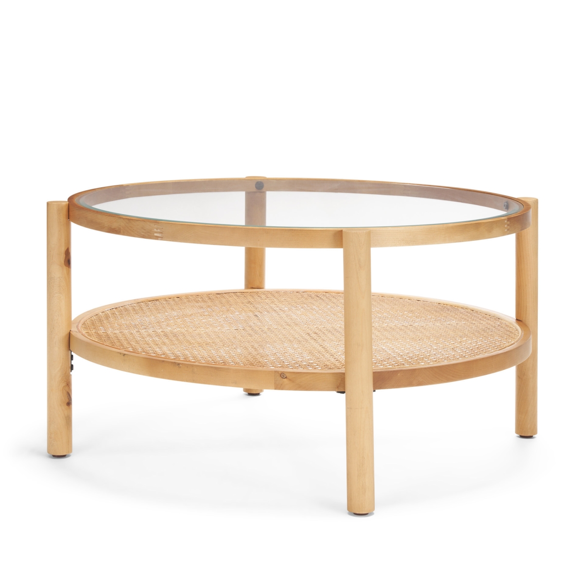 602913 34 in. Clear & Natural Glass & Solid Wood Round Coffee Table with Shelf
