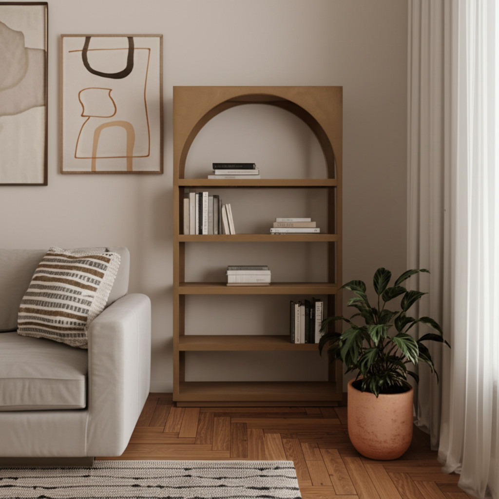 611033 47 x 85 x 16 in. Brown Arched Solid Wood 5-Tier Bookcase