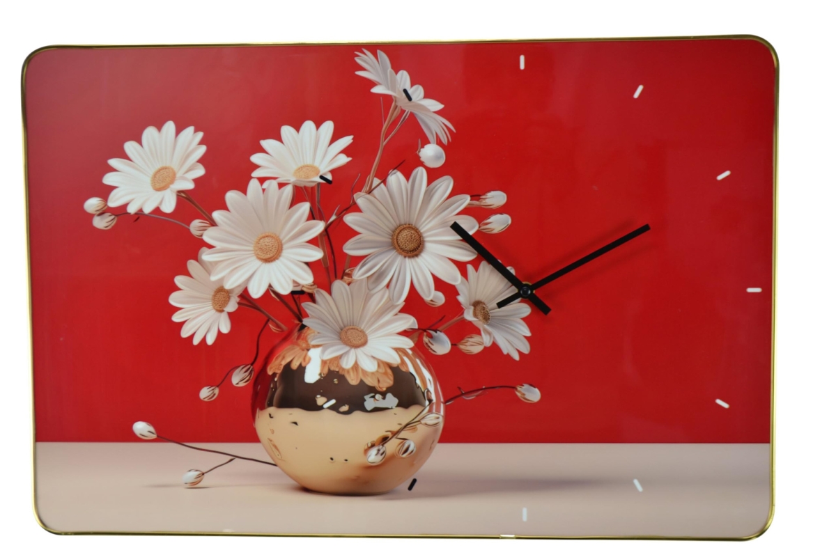 626574 24 in. Gold, Red & White Solid Wood & Acrylic Silent Daisies Floral Wall Clock
