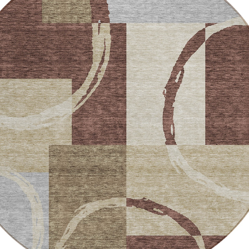 612565 8 ft. Brown & Ivory Round Geometric Washable Indoor & Outdoor Area Rug