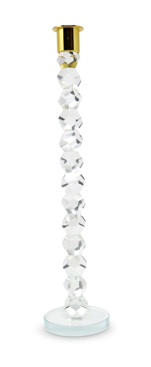 590227 14 in. Clear & Gold Geo Stacks Crystal Tabletop Taper Candlestick
