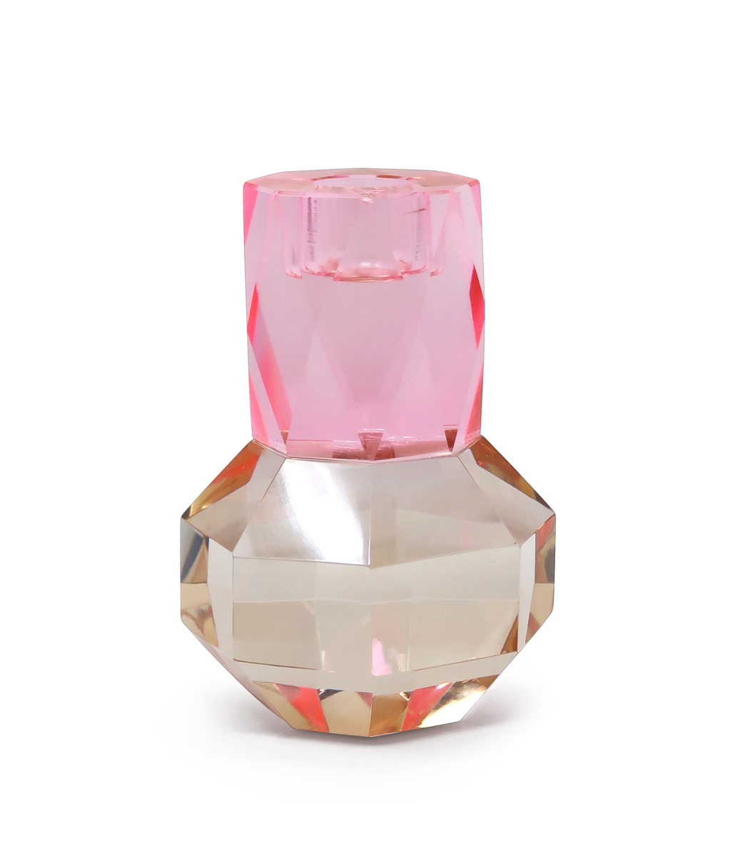 590238 5 in. Pink & Clear Faceted Crystal Tabletop Taper Candlestick
