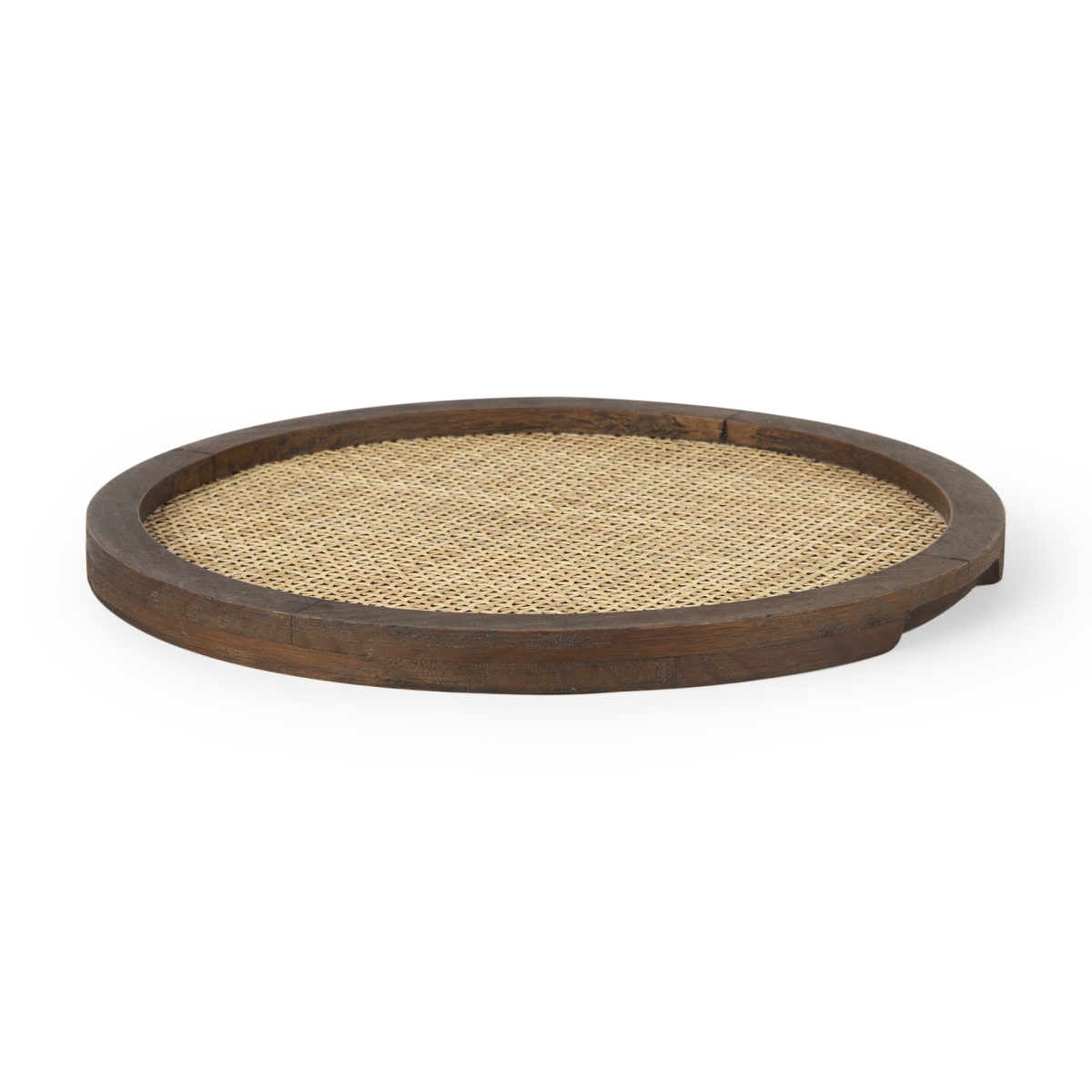 Picture of HomeRoots 609092 16 in. Brown & Natural Solid Wood & Wicker Handmade Round Serving Tray