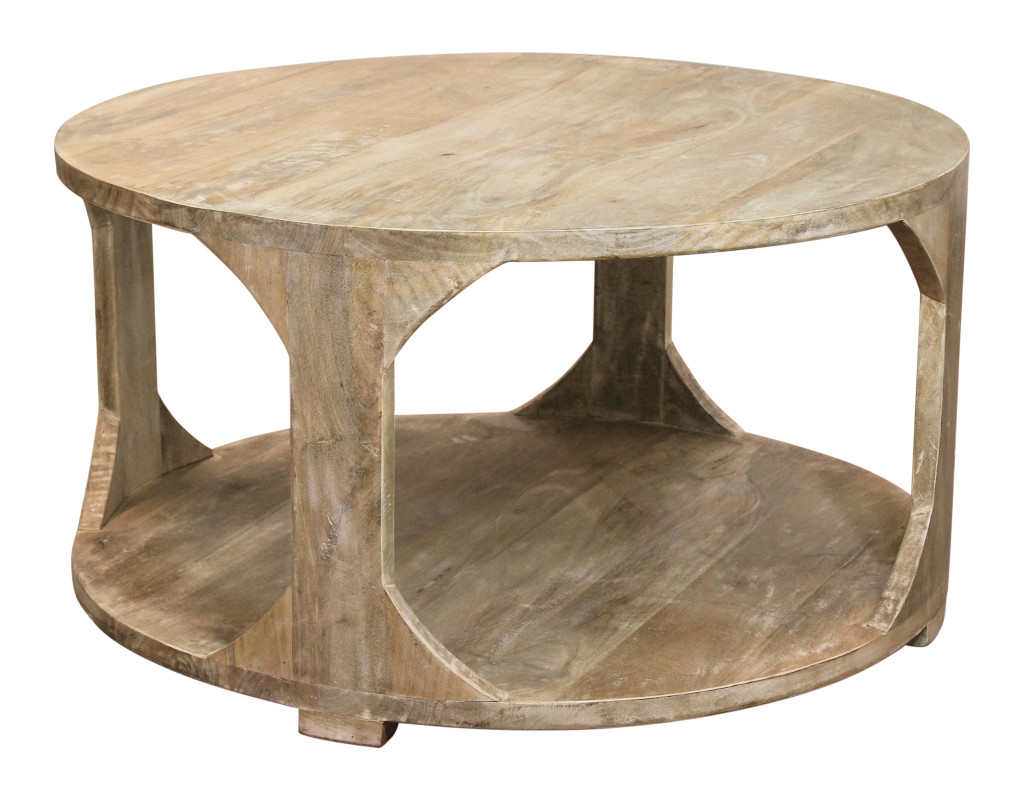 Distressed Round Coffee Table - Natural - 34 in. - Rustic Design with Shelf