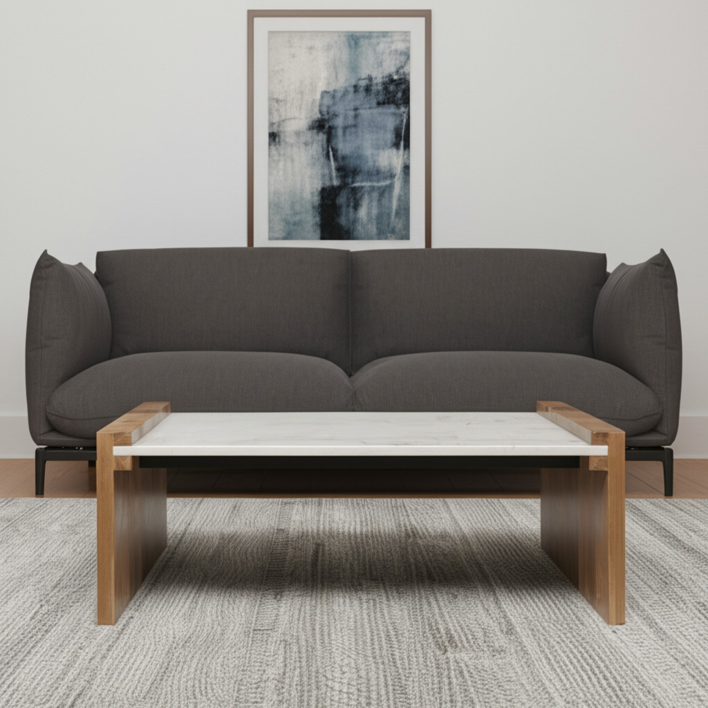 602938 48 in. Natural & White Solid Wood & Genuine Marble Coffee Table