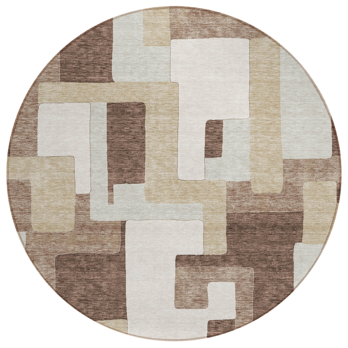 613201 8 ft. Brown, Ivory & Taupe Round Geometric Washable Indoor & Outdoor Area Rug