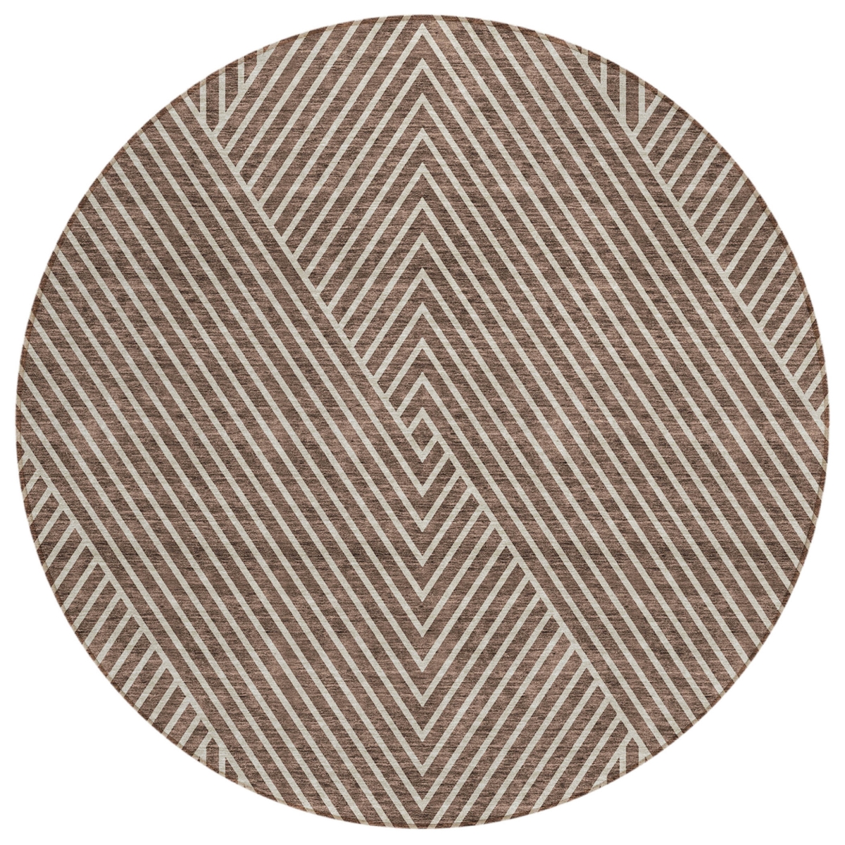 612120 8 ft. Brown & Ivory Round Geometric Washable Indoor & Outdoor Area Rug