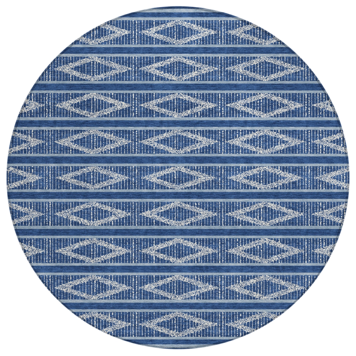 599642 8 ft. Navy Blue & Ivory Round Geometric Washable Indoor & Outdoor Area Rug