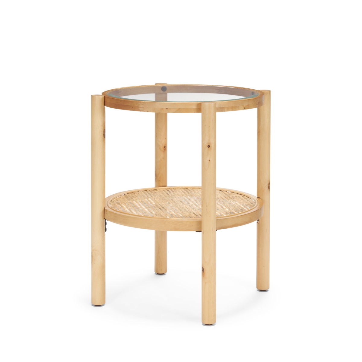 604038 24 in. Clear & Light Brown Glass & Solid Wood Round End Table with Shelf