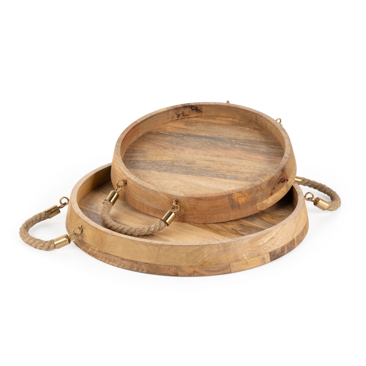 Picture of HomeRoots 574199 Brown Round Solid Wood Serving Trays with Handles - Set of 2
