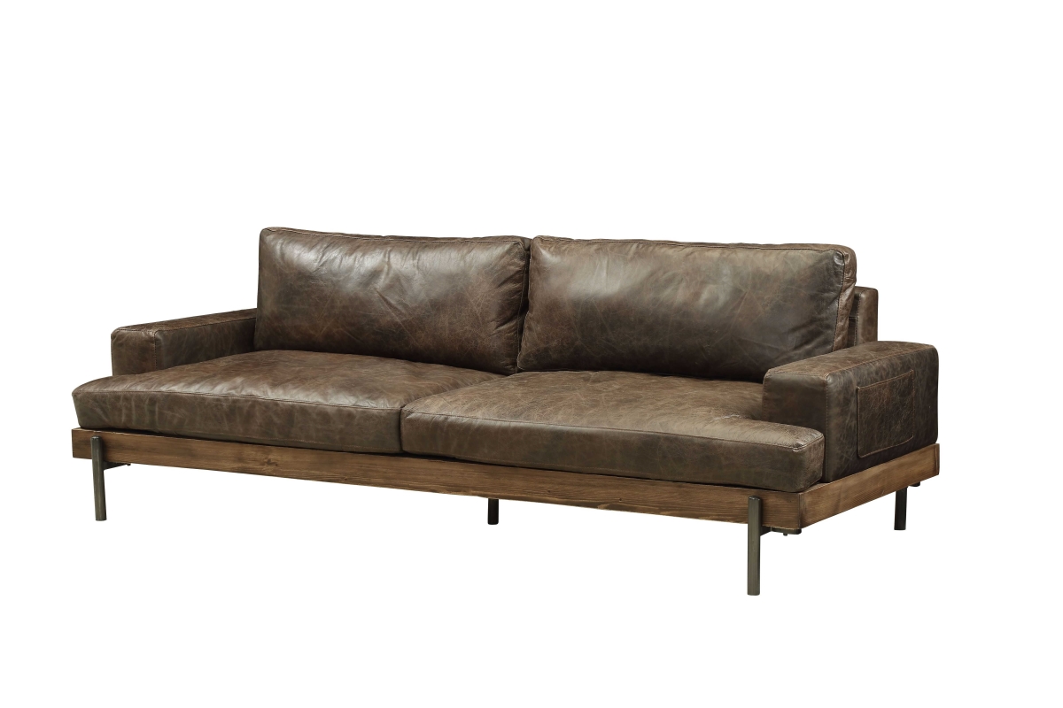 Sofa In Distressed Chocolate Top Grain Leather, Oak Wood Trim
