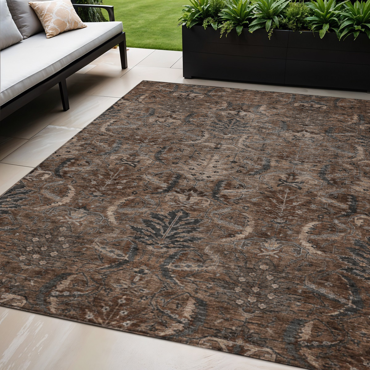 603312 5 x 8 ft. Brown, Tan & Charcoal Damask Washable Indoor & Outdoor Rectangle Area Rug