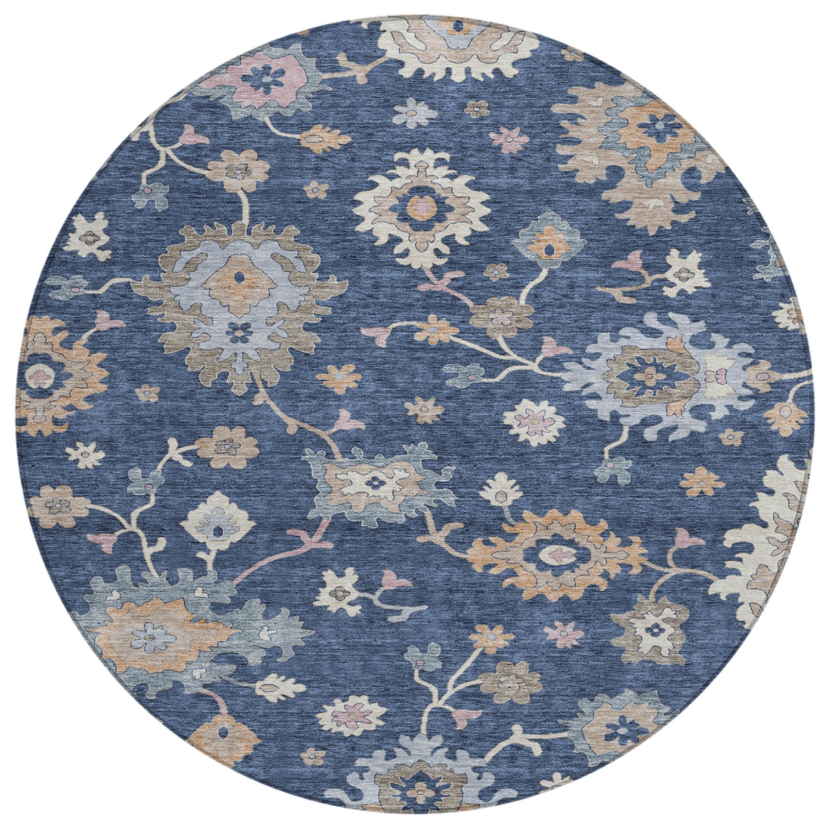 606166 8 ft. Navy Blue, Beige & Gray Round Floral Washable Indoor & Outdoor Area Rug