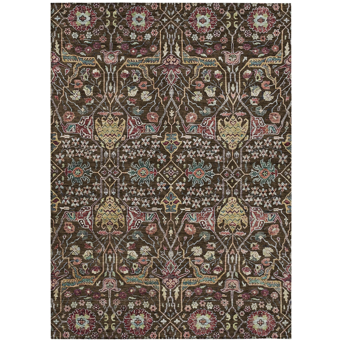 604646 10 x 14 ft. Chocolate, Red & Gold Floral Washable Indoor & Outdoor Rectangle Area Rug
