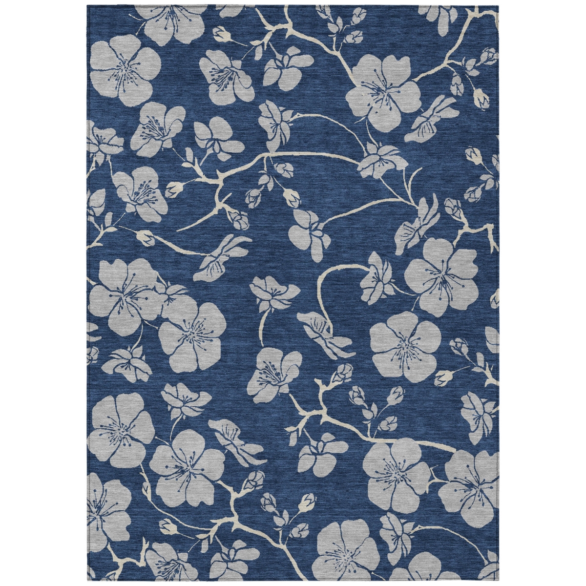 600029 10 x 14 ft. Navy Blue & Gray Floral Washable Indoor & Outdoor Rectangle Area Rug