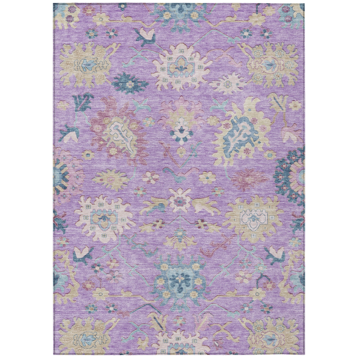 605325 3 x 5 ft. Purple, Ivory & Denim Blue Floral Washable Indoor & Outdoor Rectangle Area Rug