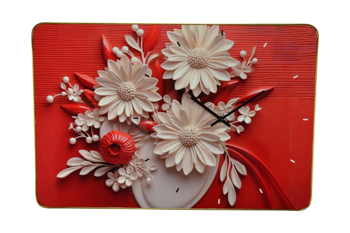 626573 24 in. White, Red & Black Solid Wood & Acrylic Silent Analog Floral Wall Clock