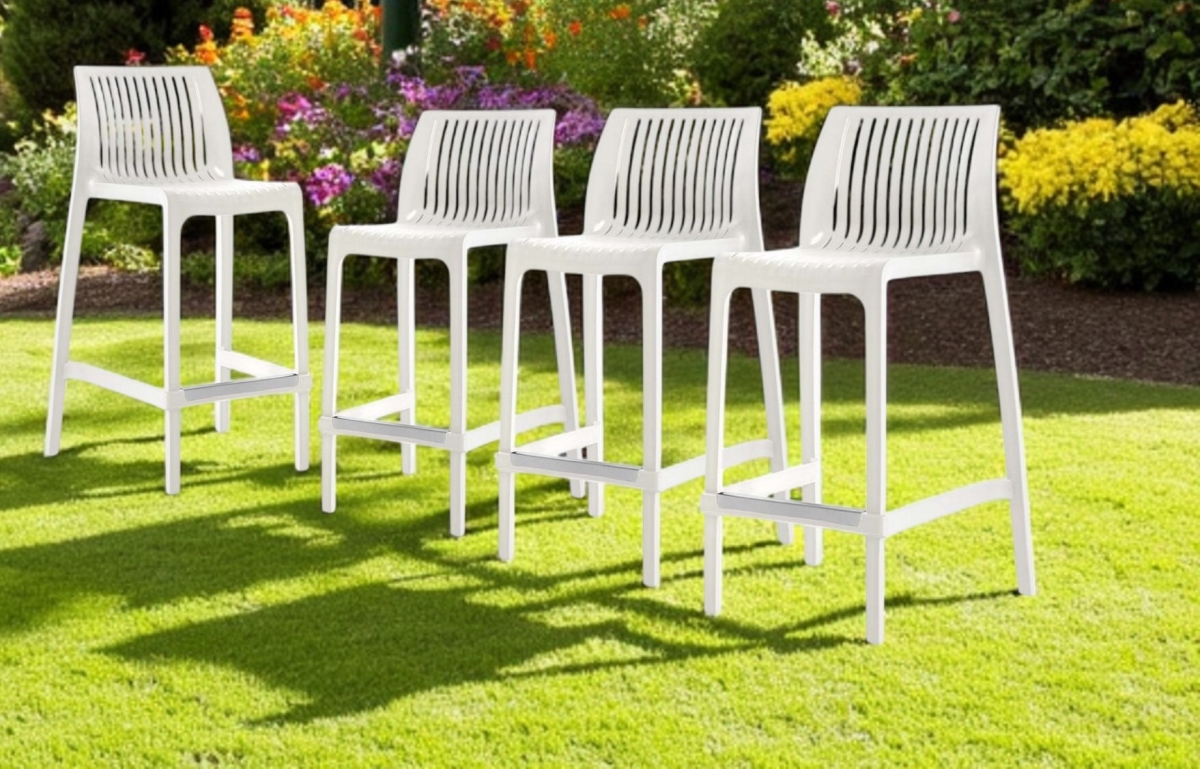 565357 26 in. White Heavy Duty Plastic Low Back Outdoor Counter Height Bar Chairs - Set of 4