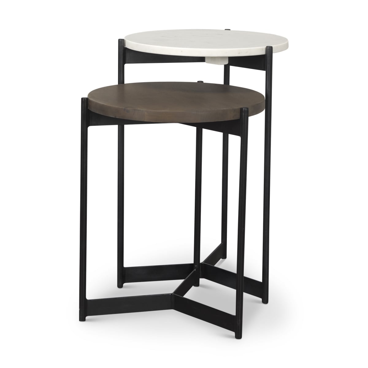 604467 Brown, White & Black Marble Solid Wood & Metal Round Nested Tables - Set of 2