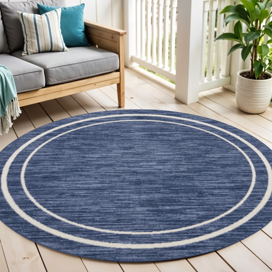 545975 4 ft. Navy Blue & Ivory Round Indoor & Outdoor Area Rug