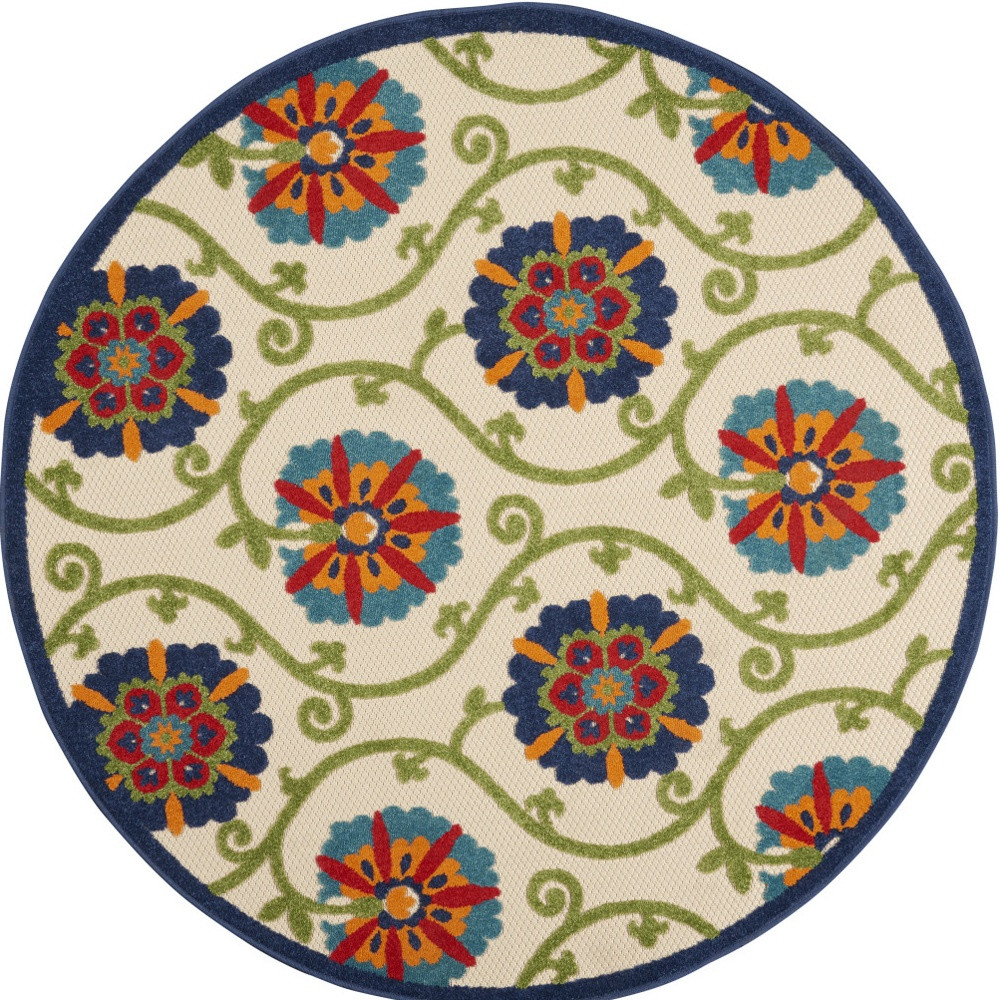 546783 5 ft. Navy Blue Beige Green Blue & Red Round Floral Indoor & Outdoor Area Rug