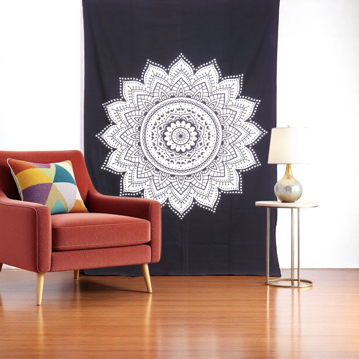 Black & White Mandala Cotton Tapestry - 80 x 56 in. - Handmade Bohemian Decor