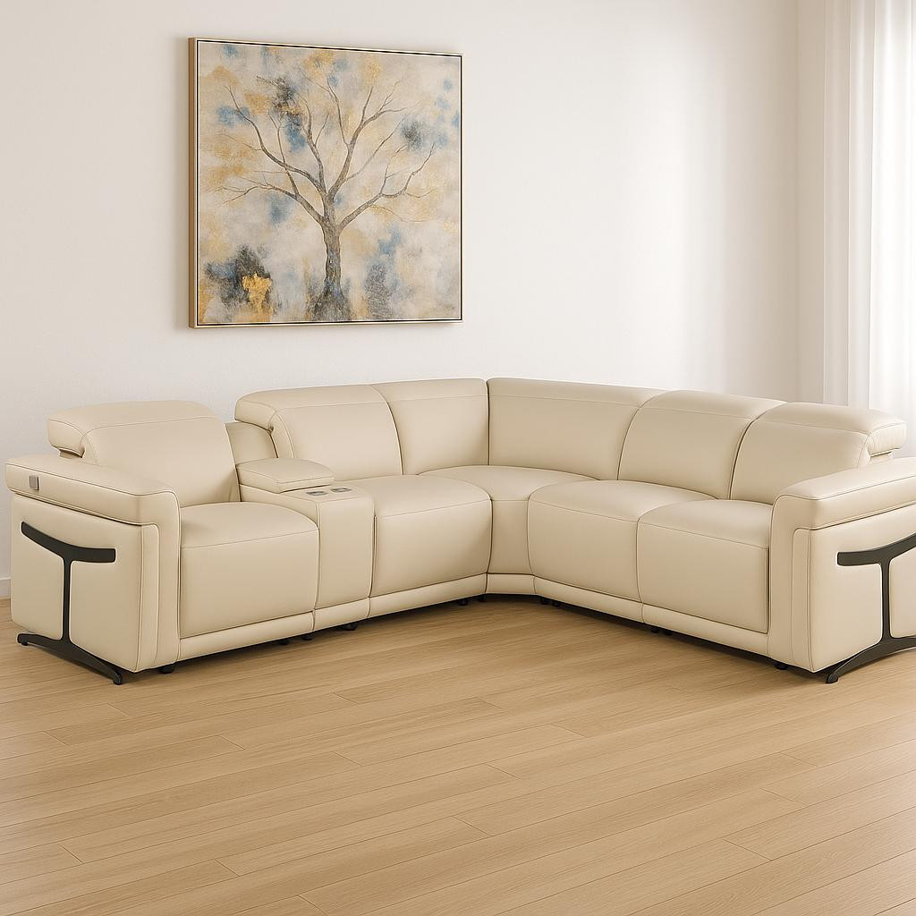 534847 Beige Italian Leather Modular L Shaped 6 Piece Corner Sectional with Console