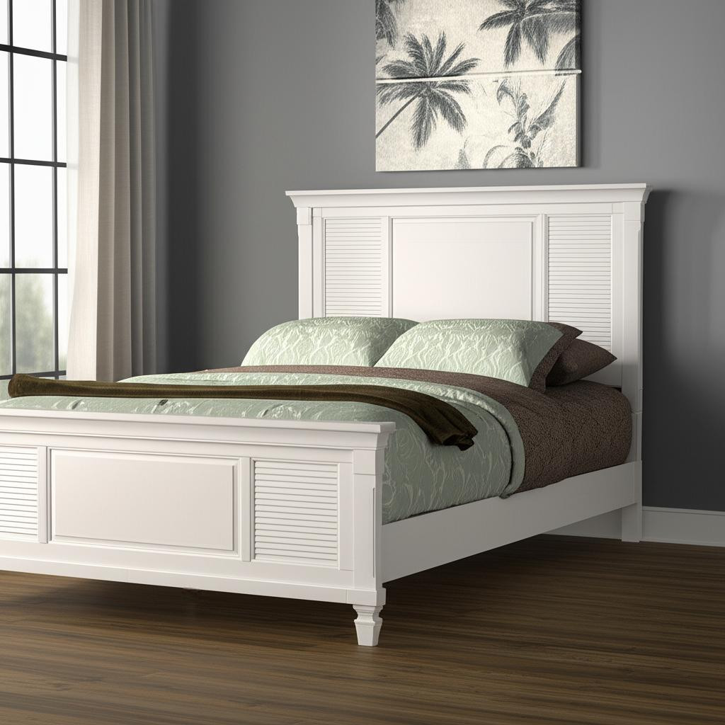 524847 White Ribbed Texture Solid Wood Queen Bed Frame