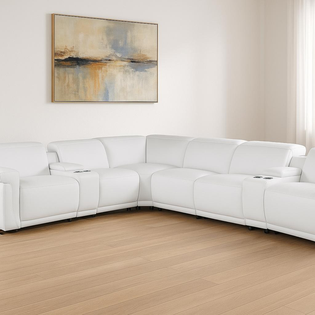 534880 White Italian Leather Modular L Shaped 8 Piece Corner Sectional with Console