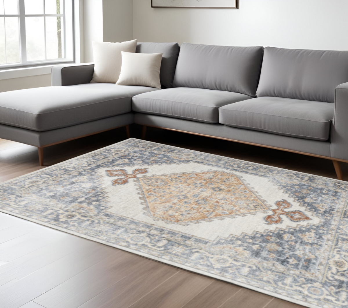 521712 9 x 12 ft. Gray & Gold Floral Medallion Distressed Washable Rectangle Area Rug