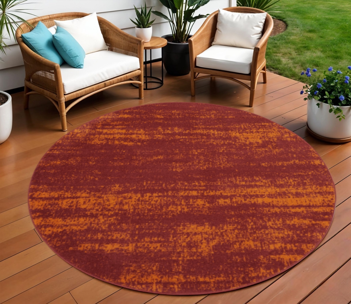 545548 8 ft. Red & Orange Round Abstract Indoor & Outdoor Area Rug
